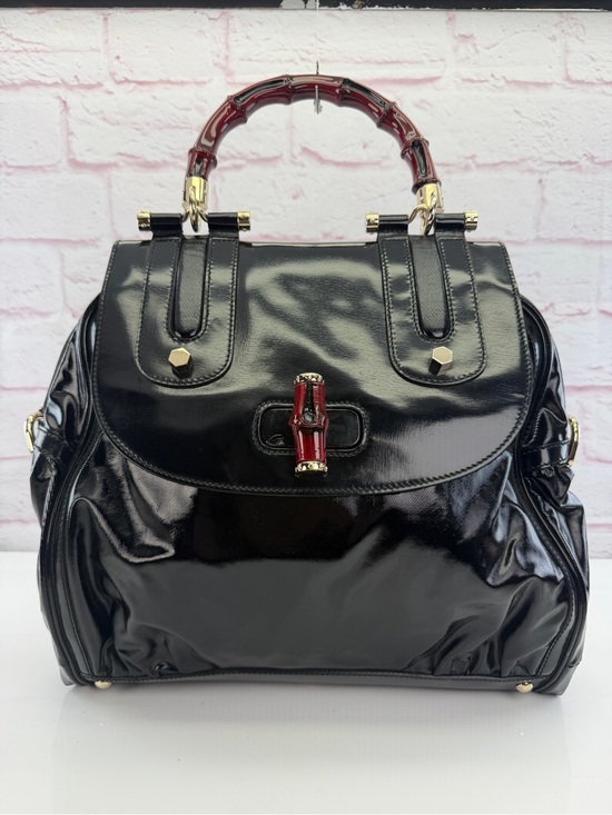 Gucci Handbags - Gucci Black Dialux Red 'Pop' Bamboo Handle Bag